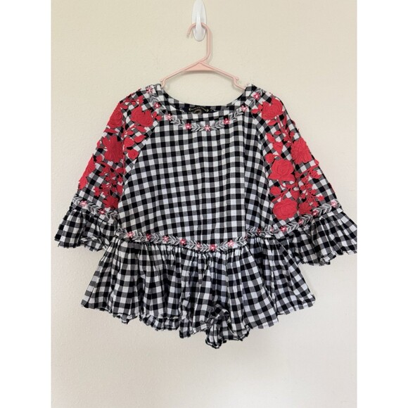 Pankaj Nidhi Anthropologie Boho Gingham Floral Top Peplum Size Small Embroidered - Picture 2 of 9